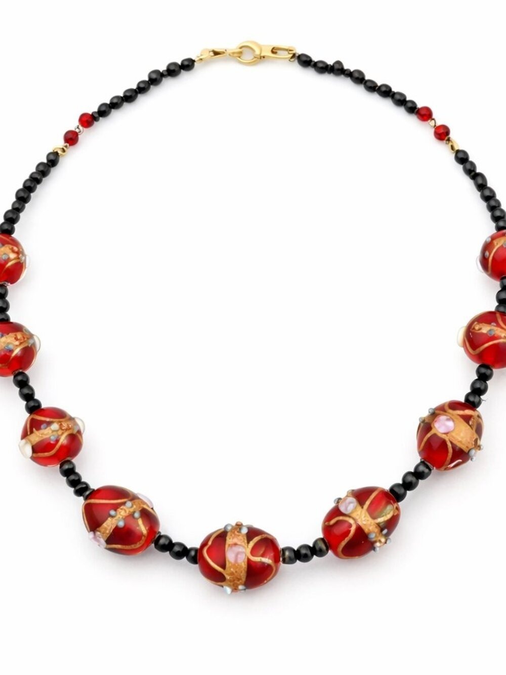 Vintage Hand Painted Glass Beaded Necklace 17” Red & Gold Accent Jewelry